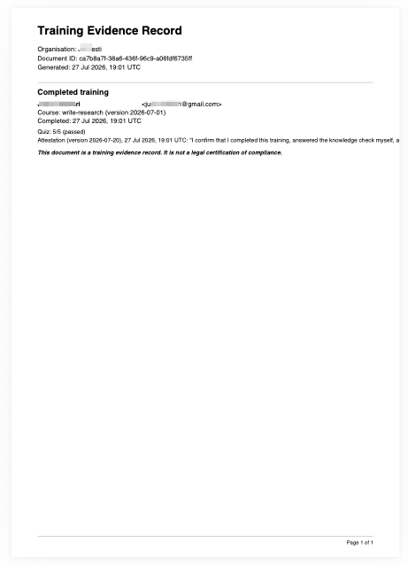 Training Record screen